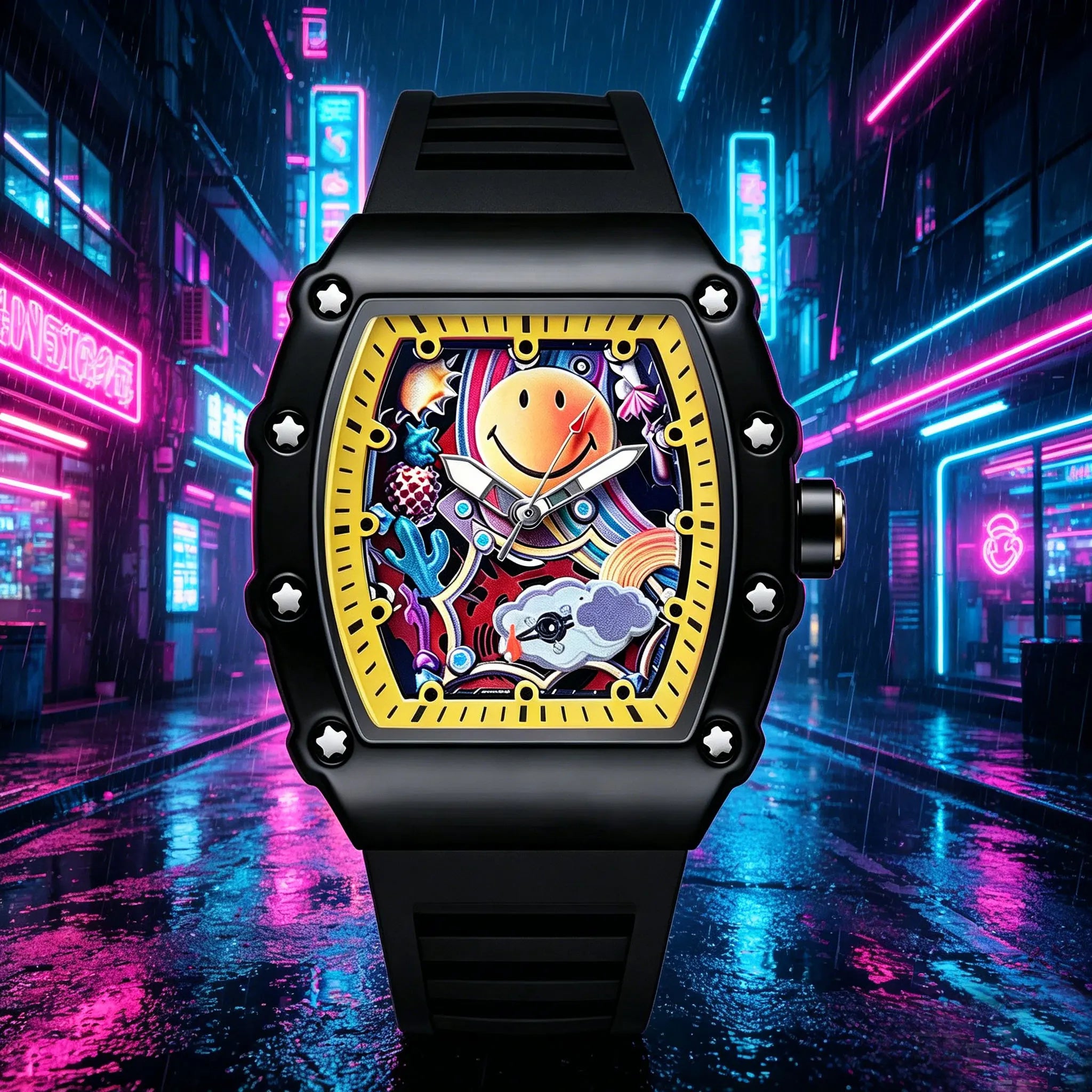 Graffiti Art Smile Face Watch Unique Barrel Shaped Quartz Wristwatch Waterproof Hip Hop Style Silicone Band Clock for Unisex