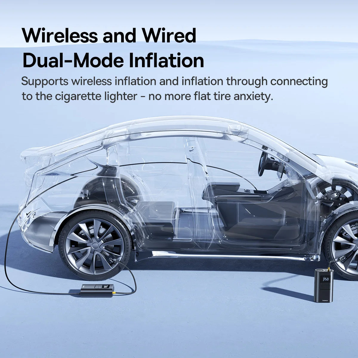 Baseus Wired/Wireless Car Air Pump with Dethable Flashlight 2 in 1 Portable Air Compressor for Car Motorcycle Bicycle Inflatable