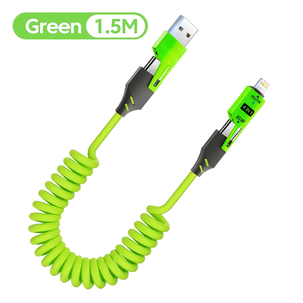 65W 4 in 1 Spring Short Data Cable 6A USB Type C Spring Telescopic Quick Charger Wire Spring USB Cable for iPhone iPad MacBook