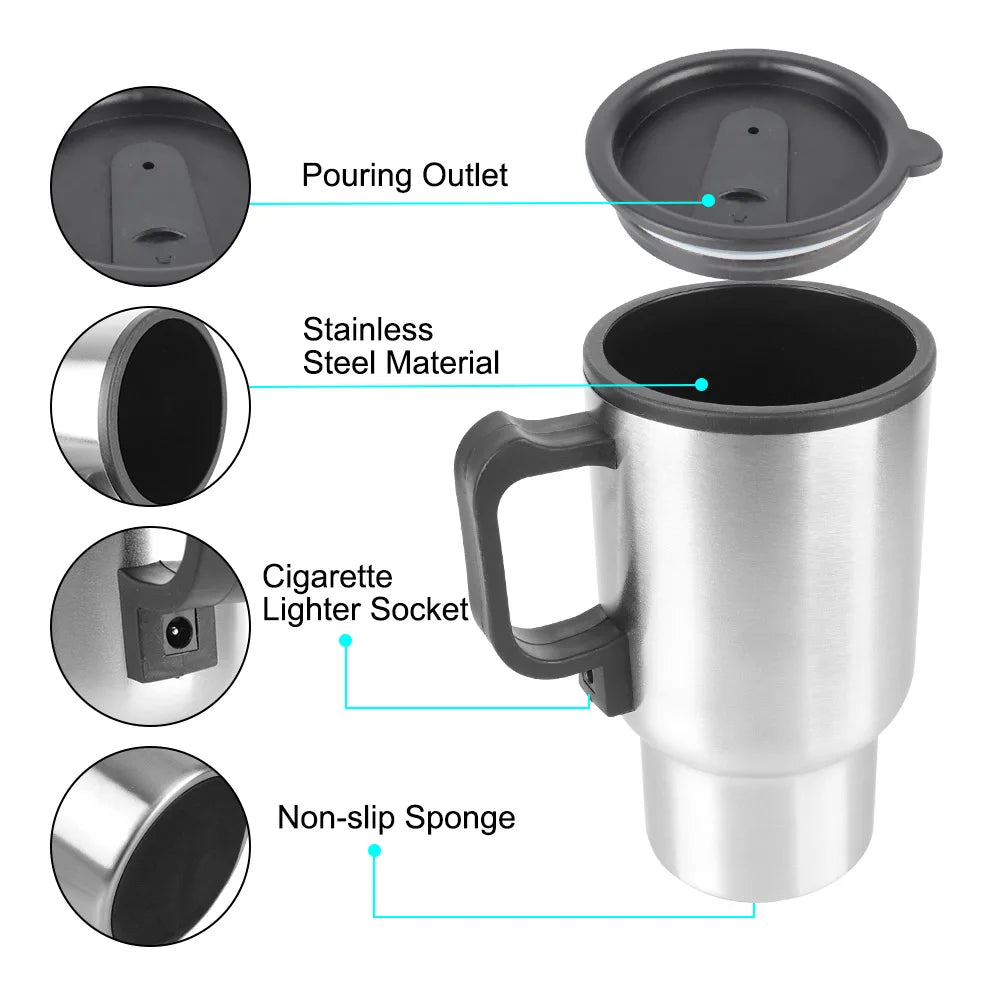 Vehicle Heating Cup Stainless Steel Electric Heating Car Kettle Water Coffee Milk Thermal Mug 12V 450ml Camping Travel Kettle