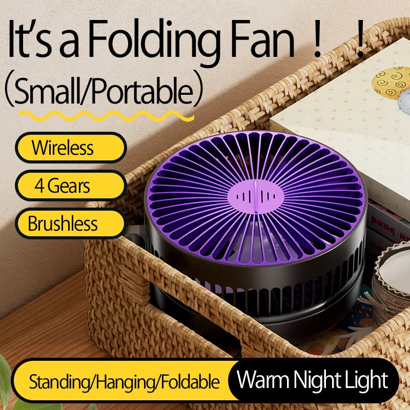 2024 New 5000mAh Rechargeable 3IN1 Multifunctional Portable Fan Wall Mounted Fan 90° Folding Fan 4 Gears With Warm Night Light