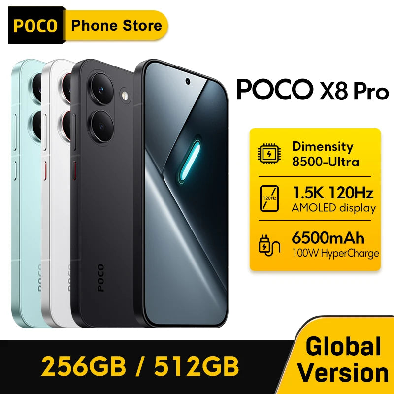 POCO X8 Pro 5G Smartphone Global Version Dimensity 8500-Ultra 6500mAh battery 6.59" 1.5K AMOLED display 100W HypeCharge NFC