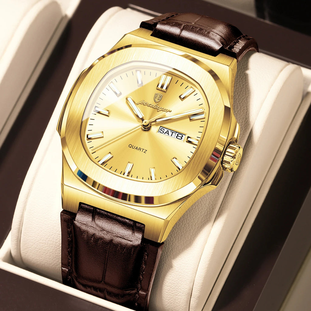 POEDAGAR High Quality Watch For Men Luxury Luminous Waterproof Week Calendar Man Clock Leather Square Men's Quartz Watches Reloj