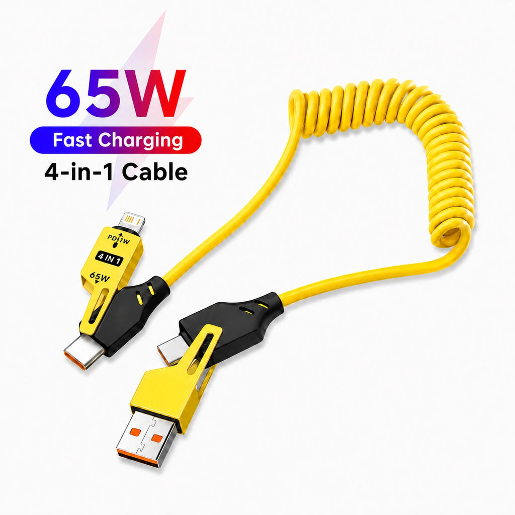 65W 4 in 1 Coiled USB C Car Fast Charging Cable, Type C iP Data Cable, Zinc Alloy Spring Cable for iPhone Samsung Xiaomi 1.5M