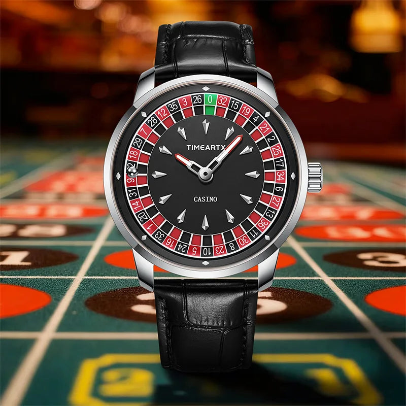 TIMEARTX Men's Trendy Watch European Roulette Poker Game Style Quartz Movement Genuine Leather Luxury Watch