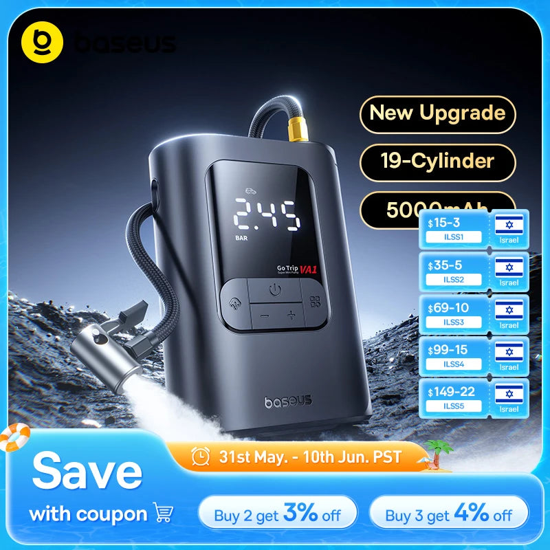 Baseus Wireless Car Air Pump Portable Air Compressor for Car Motorcycles Bicycle Electric Tire Inflator with LCD Digital Display