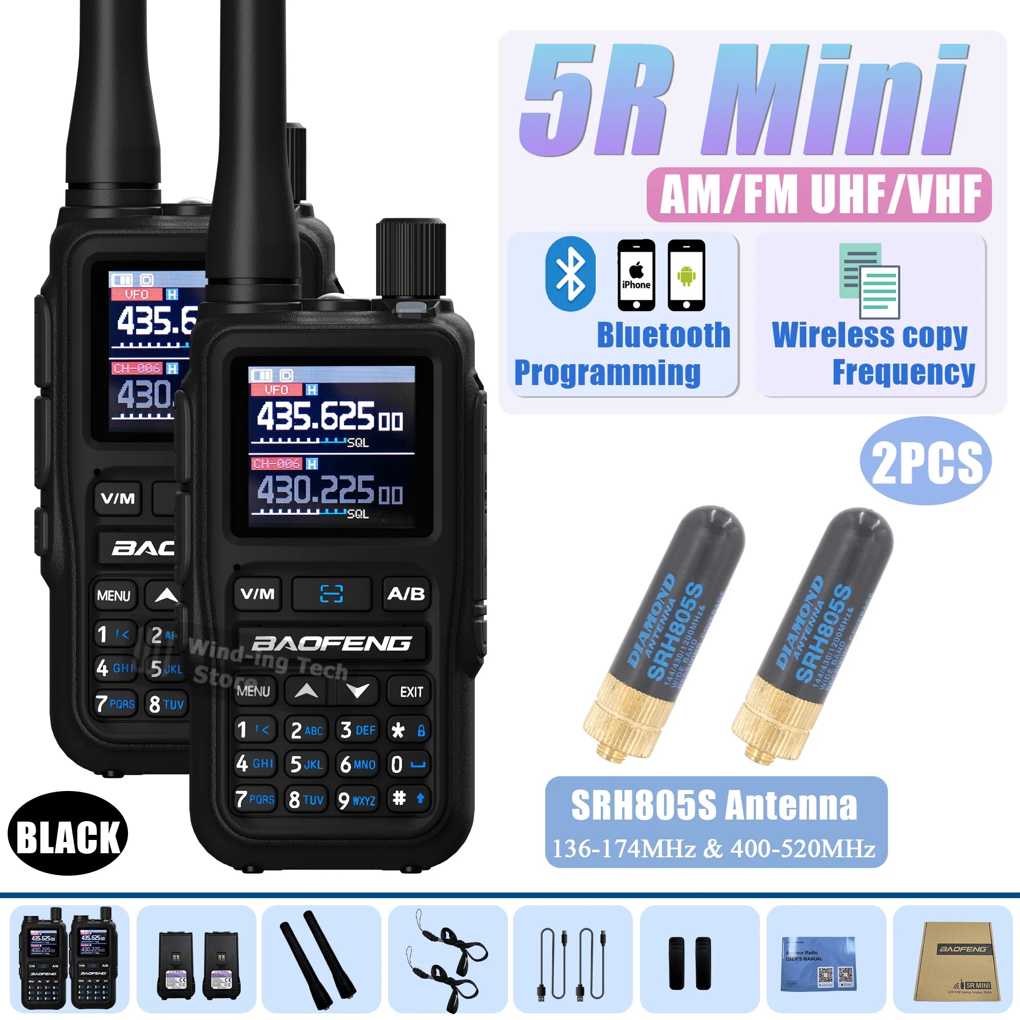 Baofeng UV 5R Mini Walkie Talkie Bluetooth Programming Frequency Hopping Type-C Jack Multiple Colors Dual PTT Camping Ham Radios