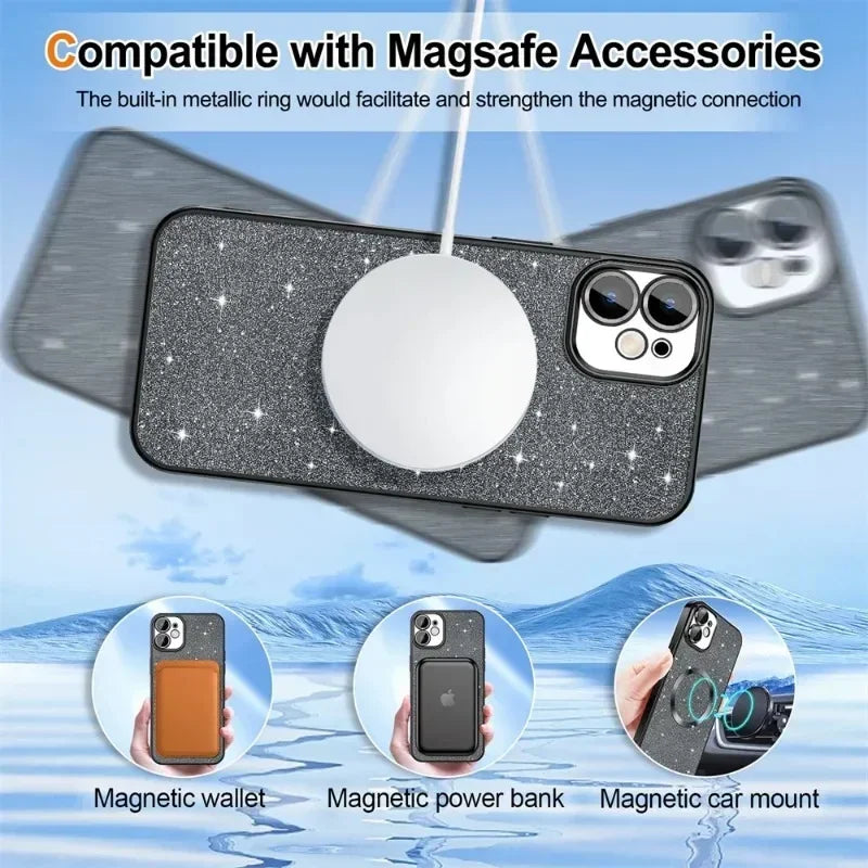 Luxury Electroplate For Magsafe Wireless Charge Phone Case For iPhone 17 Air 16 15 13 12 11 Pro Max 14 Soft Bumper Glitter Cover