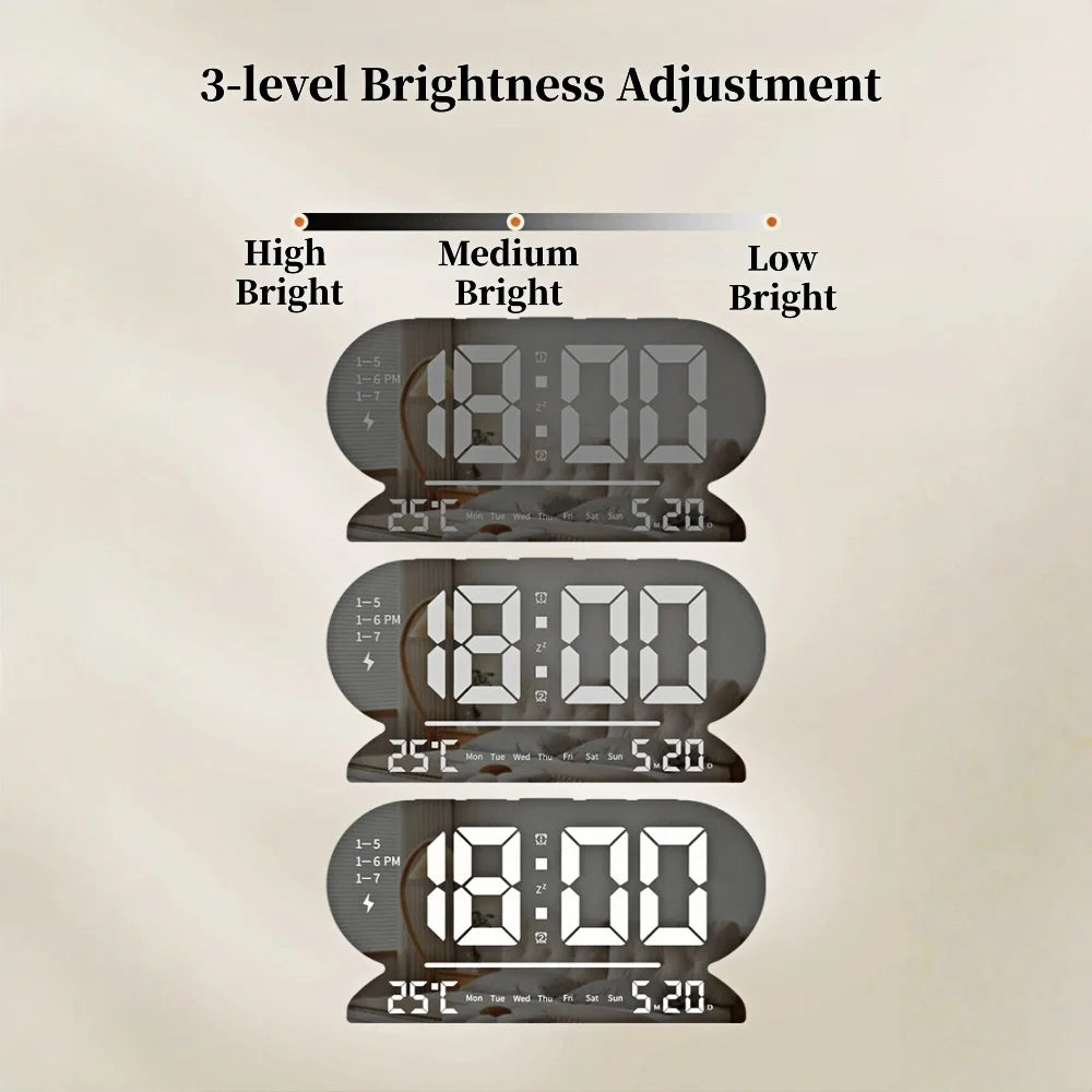 USB Powered Digital Alarm Clock TEMP Date Week 2 Alarm Night Mode Snooze Table Clock 3 Levels Brightness 12/24H LED Wall Clock