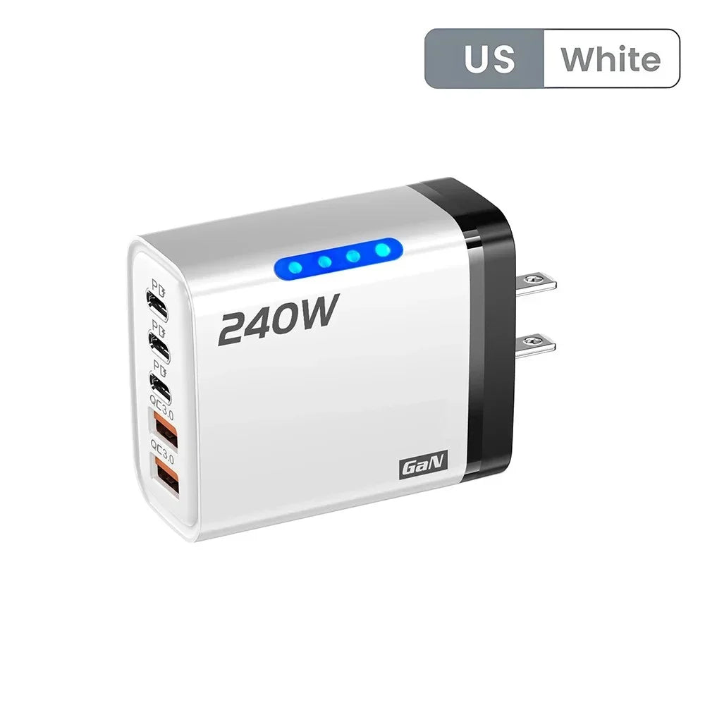 5 in 1 240W GaN Fast Charger With LED Light 2USB+3Type-C Multi Port Phone Charger for iPhone 16 15 pro Samsung Huawei Xiaomi 15