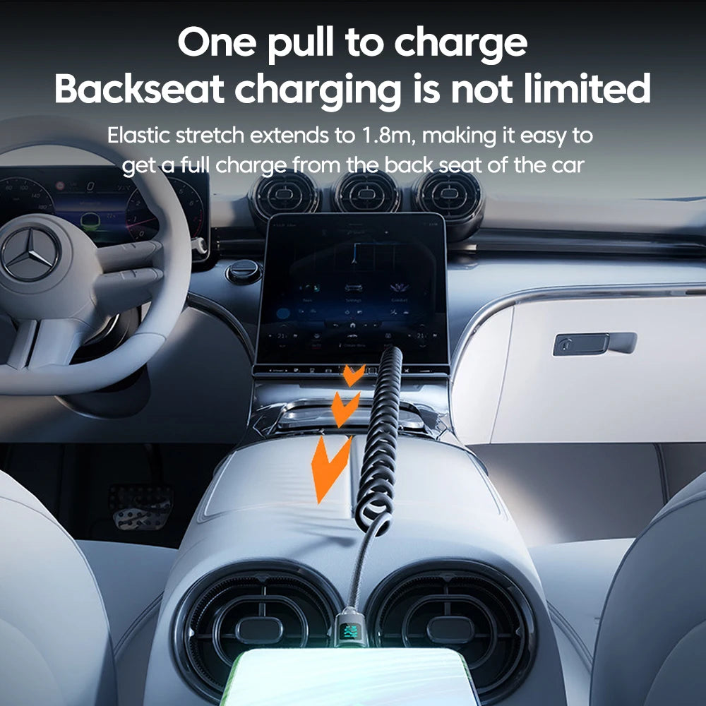120W Car Retractable Cable Digital Display Spring USB A Type C To Type C Cable For Samsung iPhone 16 Fast Charging Charger Cable
