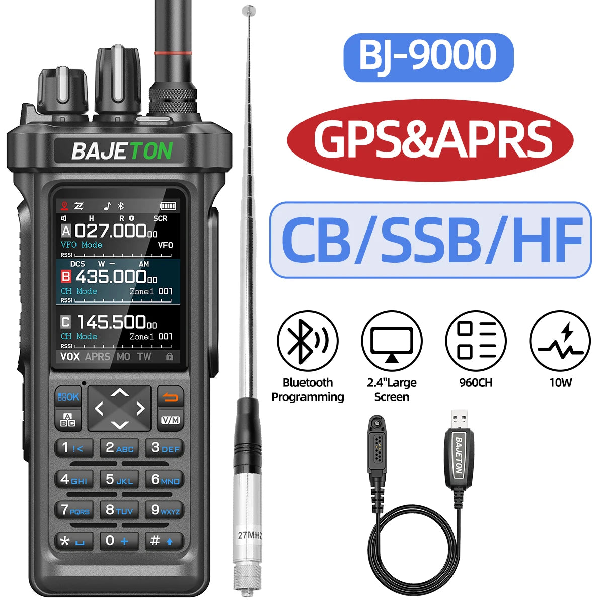 BAJETON BJ-9000 GPS APRS Walkie Talkie 10W CB 27Mhz CB/SSB/HF Bluetooth Programming NOAA ShortWave For RT-950PRO RT-950 Radio