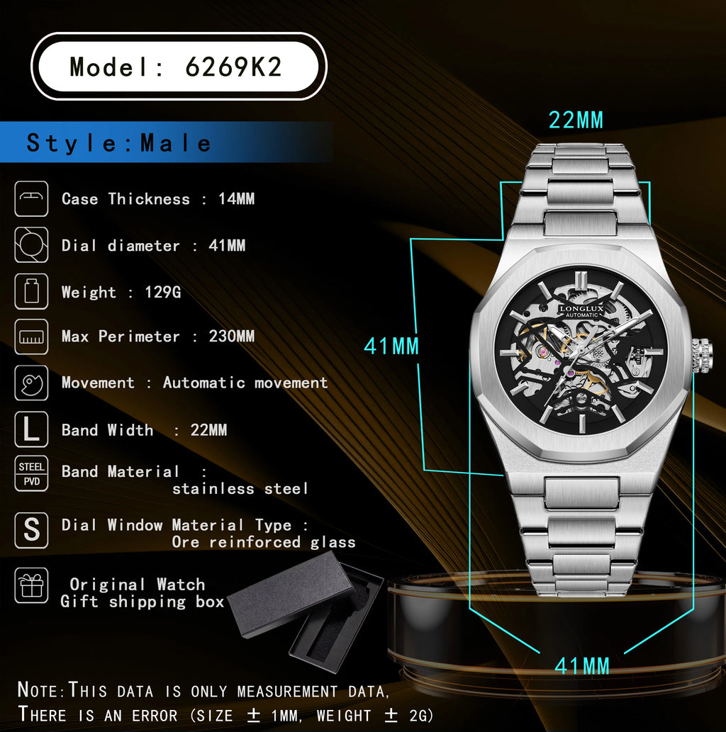 LONGLUX Men automatic watch special tough guy waterproof skeleton mechanical watches trend alien stainless steel gift watch