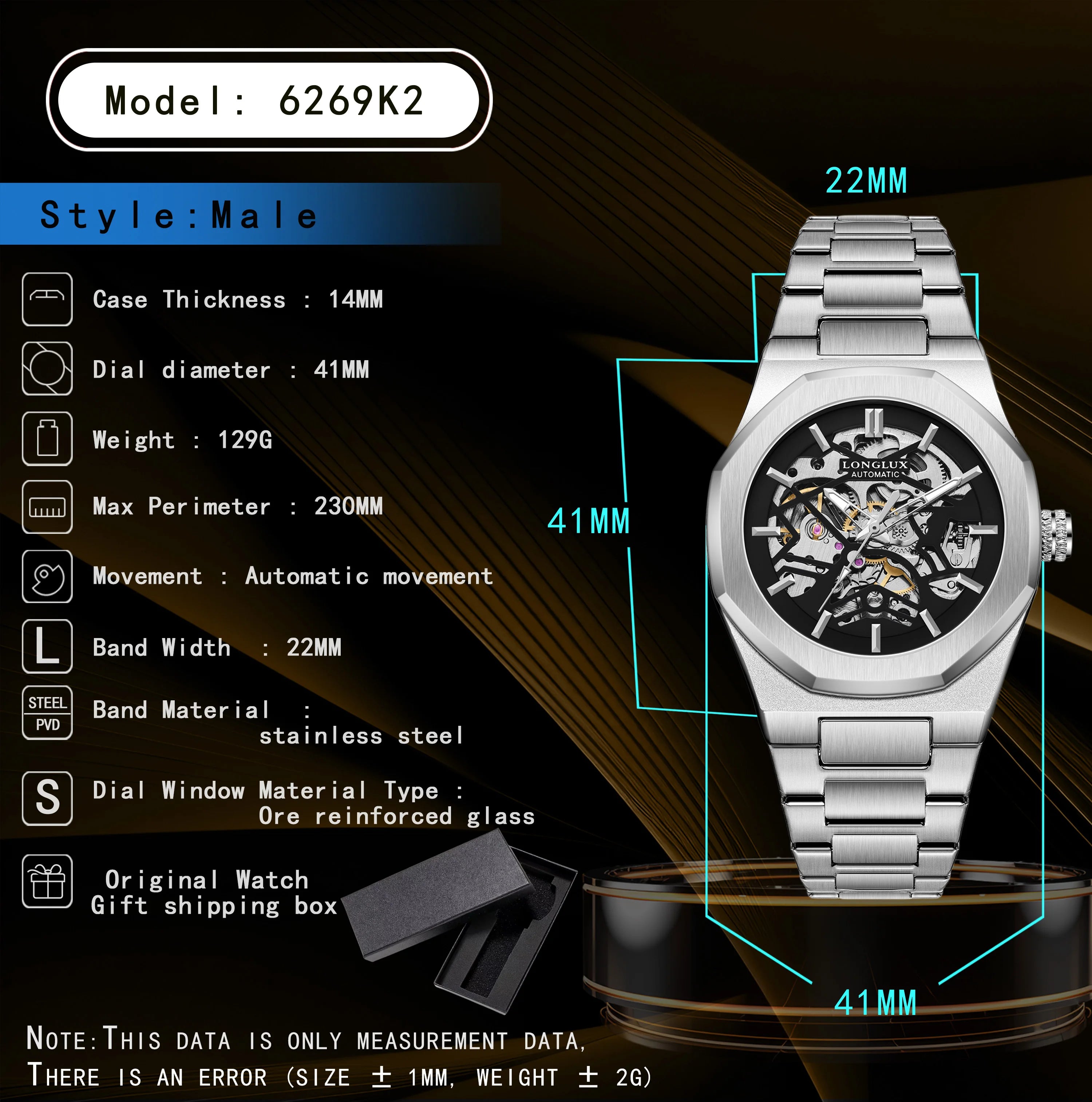 LONGLUX Men automatic watch special tough guy waterproof skeleton mechanical watches trend alien stainless steel gift watch