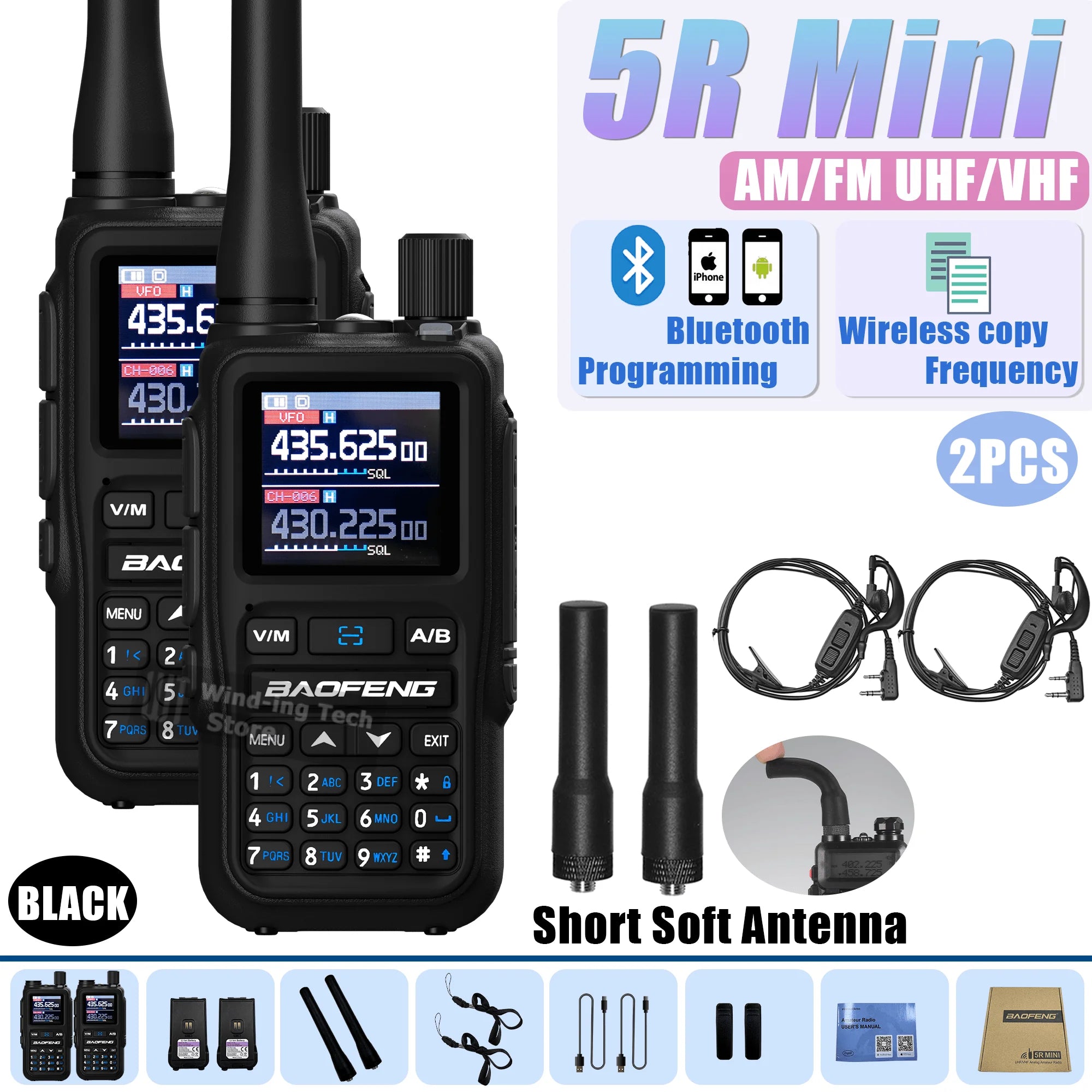 Baofeng UV 5R Mini Walkie Talkie Bluetooth Programming Frequency Hopping Type-C Jack Multiple Colors Dual PTT Camping Ham Radios