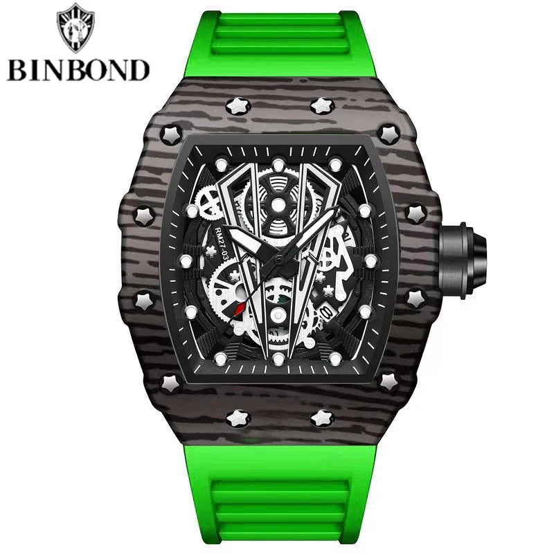 BINBOND Brand Men Watch Domineering Barrel Watch Curved Mirror Hollow Surface Sports Men Watch Silicone Quartz Wristwatch B8577