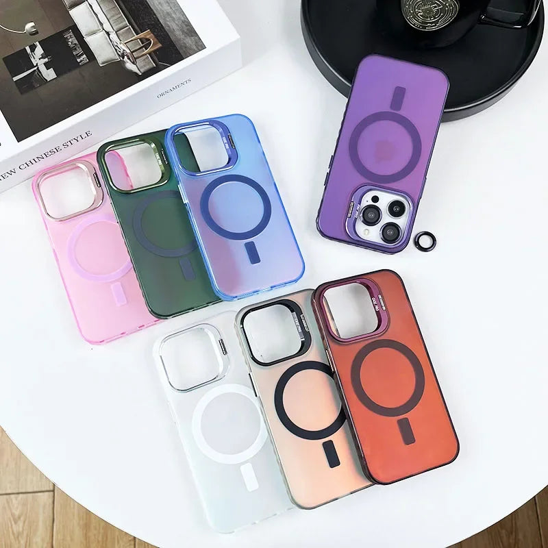Color Change for Magsafe Magnetic Case For iPhone 16 15 14 Plus 13 12 11 Pro Max Lens Glass Film Protection Metal Stand Cover