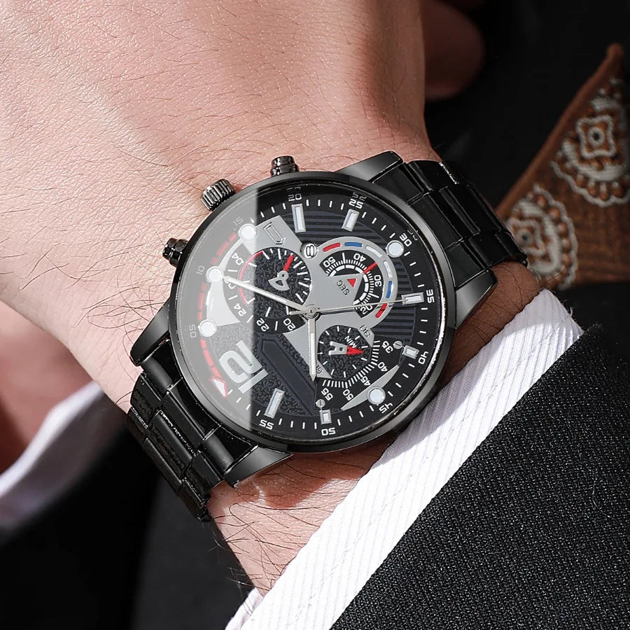 3PCS Fashion Men Business Watches Bracelet Necklace Set Luxury Steel Band Male's Analog Quartz Watch Reloj Hombre（Without Box）