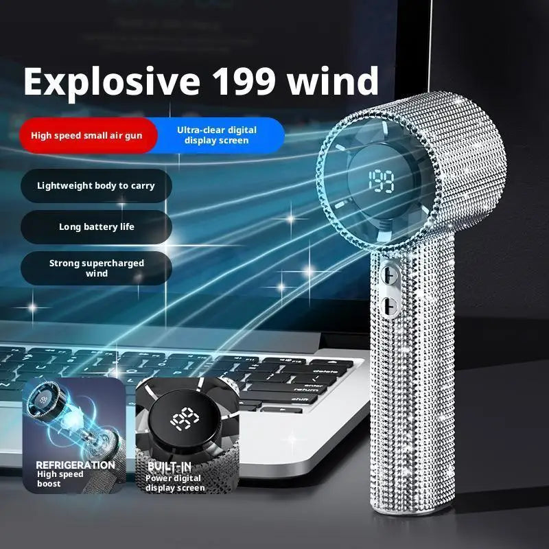 199 Speeds Strong Wind Outdoor Portable Handheld Fan Covered With Diamonds Type-C Rechargeable Outdoor Ice Cooling Fans ﻿