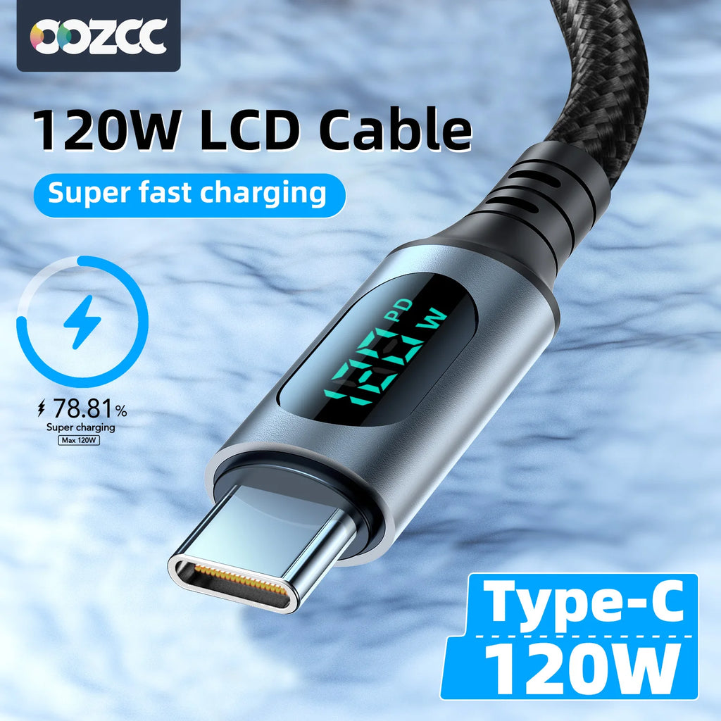 120W Super Fast Charge Cable – USB-A to Type-C, Nylon Braided with LED Digital Display