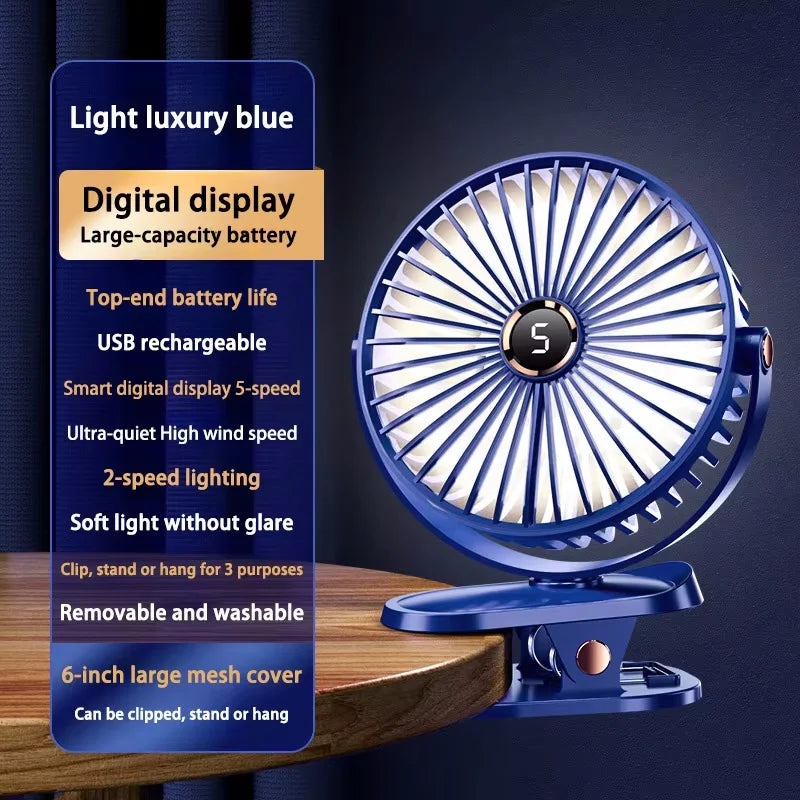 2025 8000mAh Clip-on Fan 5 Speed Quiet Rechargeable Desktop Portable Air Circulator Wireless Fan With LED Light For Office