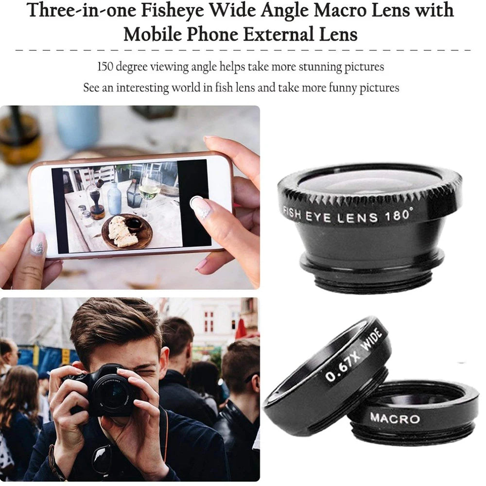3 in 1 Lens Magnifying Glass 0.67X Wide Angle Fisheye Phone Lens Micro Camera Len Universal Kit With Phone Clip For Smartphones