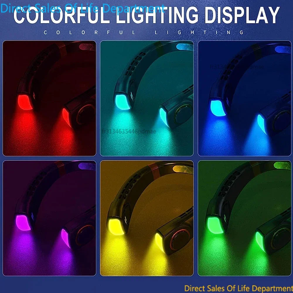 2026 New Portable Neck Fan USB Handheld Mute LED Digital Display Leafless Mini Electric Fan 5 Speed Colorful Atmosphere Lights