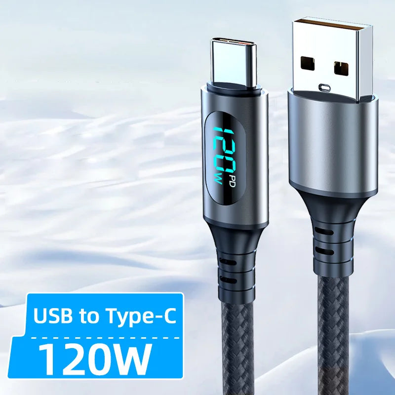 Ultra-Super Fast Charge Cable-6A 120W USB A To Type C Nylon Data Cord For Xiaomi Redmi Samsung With Led Digital Display Cable