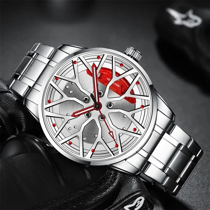 Fashion Mens Car Wheel Watches Luxury Men Sports Waterproof Quartz Wristwatch Stainless Steel Wheel Hub Watch Relogio Masculino