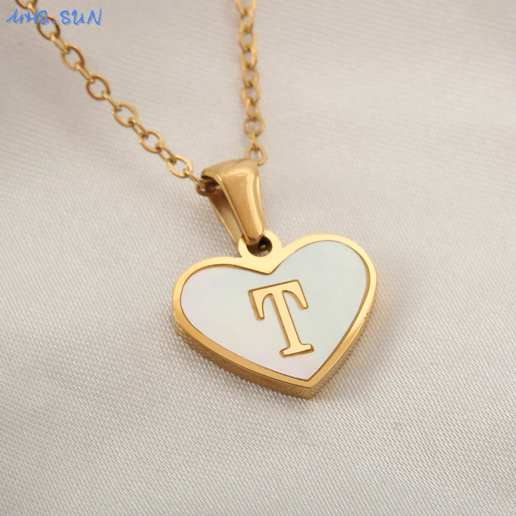 MHS.SUN Stainless Steel Heart Initial Necklace for Women Girls Gold Plated A-Z 26 Letter Pendant Choker Jewelry Birthday Gifts