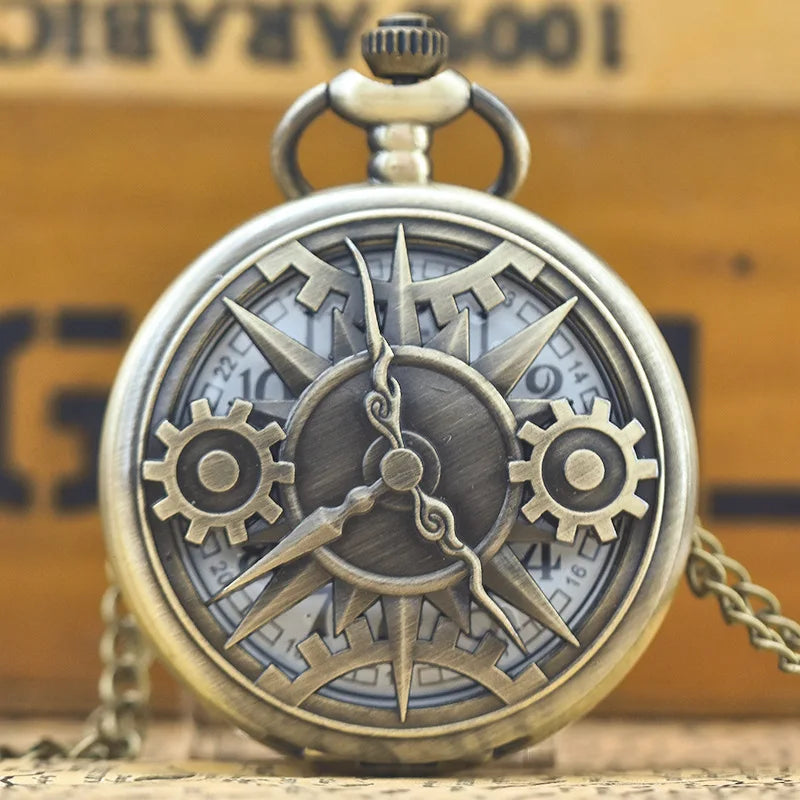 Antique Steampunk Bronze Hollow Gear Movement Quartz Pocket Watch Pendant Gift With Chain Boys Men