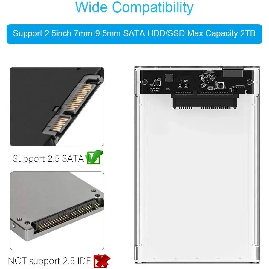 USB 2.0 External Hard Drive Enclosure 2.5 inch SATA to USB2.0 UASP Clear Portable Hard Drive Case 2T HDD Tool-Free Transparent