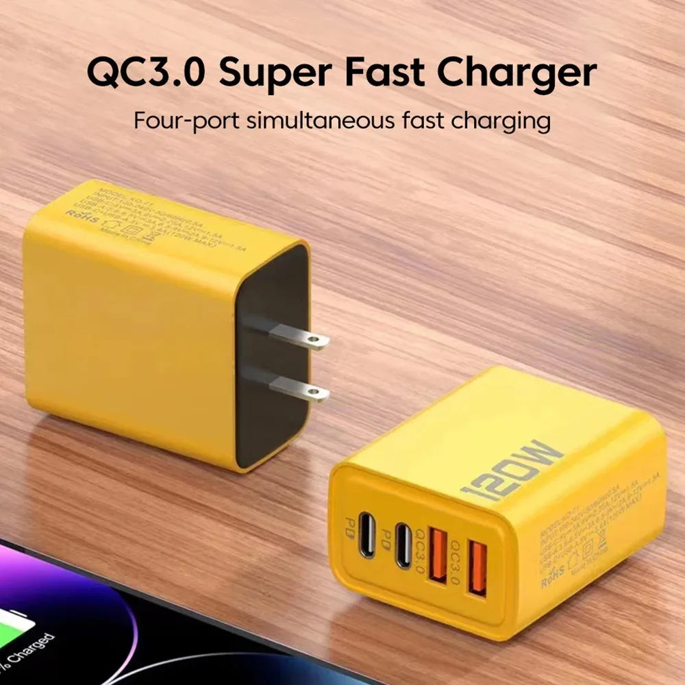 120W USB Fast Charger Quick Charge 3.0 Type C Mobile Phone Charger Adapter For iPhone Samsung Xiaomi EU/US/UK Plug Wall Charger