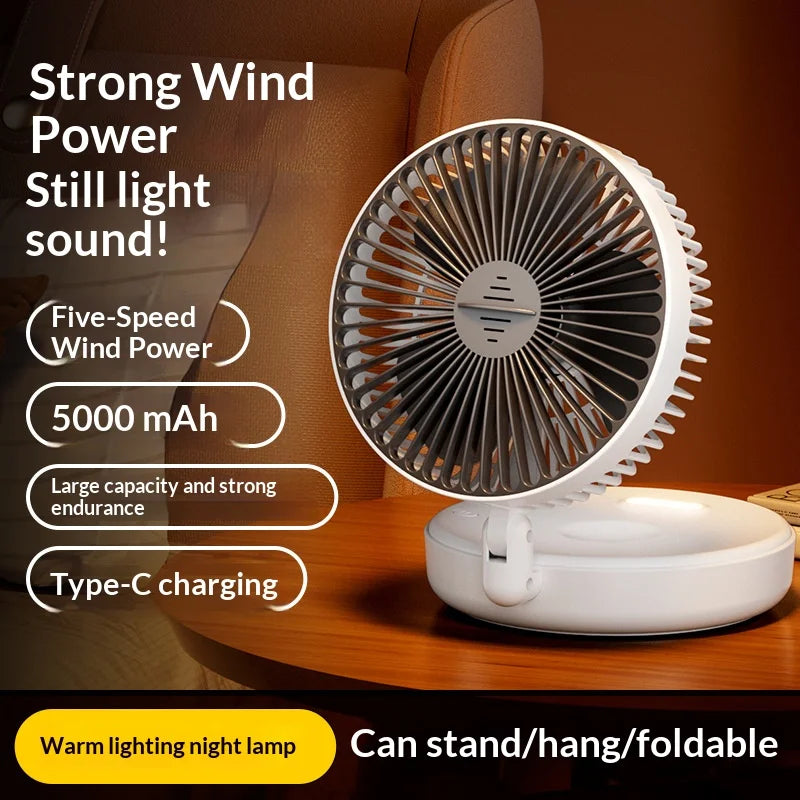 5000mAh Foldable Glow-in-the-Dark Fan Wall Mount Portable Quiet High-Speed Air Circulation Fan for Students Office Desk Fan