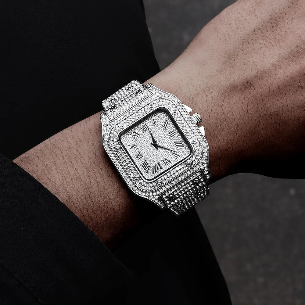 Luxury Men's Business Watches Steel Strap Square Roman Scale Rhinestone Quartz Watch Lesiure Male Wristwatch Relogio Masculino