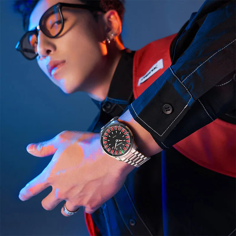 TIMEARTX Men's Watch New European Roulette Design Poker Game Fashion Quartz Movement Stainless Steel Wristwatch