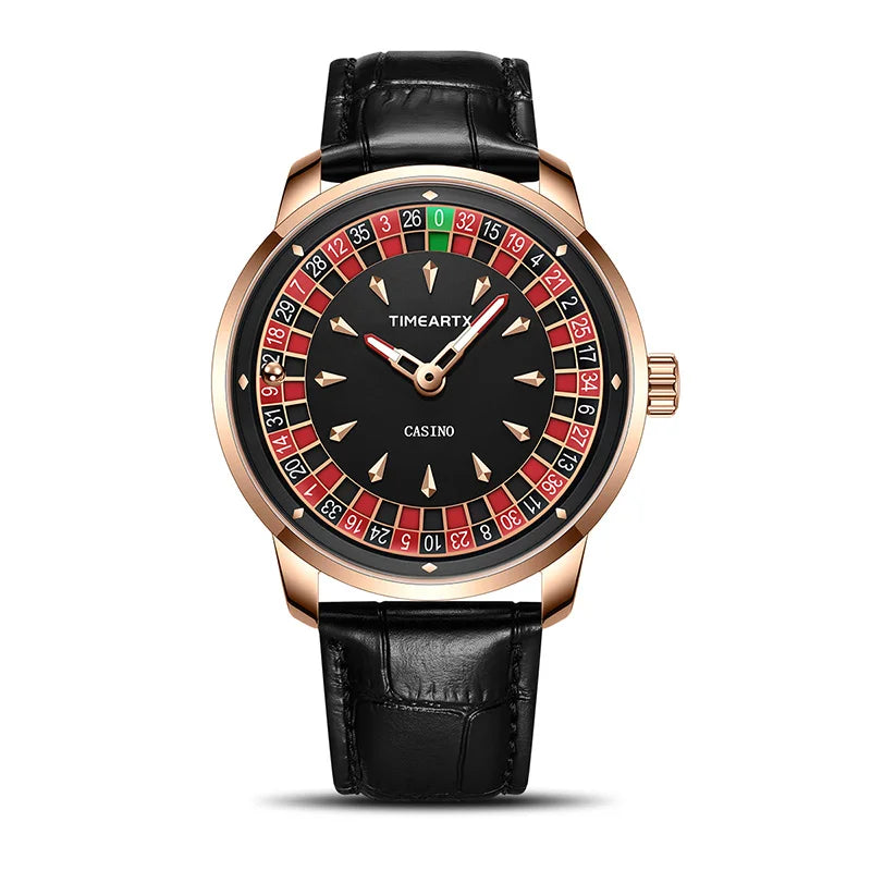 TIMEARTX Men's Trendy Watch European Roulette Poker Game Style Quartz Movement Genuine Leather Luxury Watch