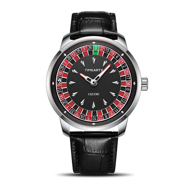 TIMEARTX Men's Trendy Watch European Roulette Poker Game Style Quartz Movement Genuine Leather Luxury Watch
