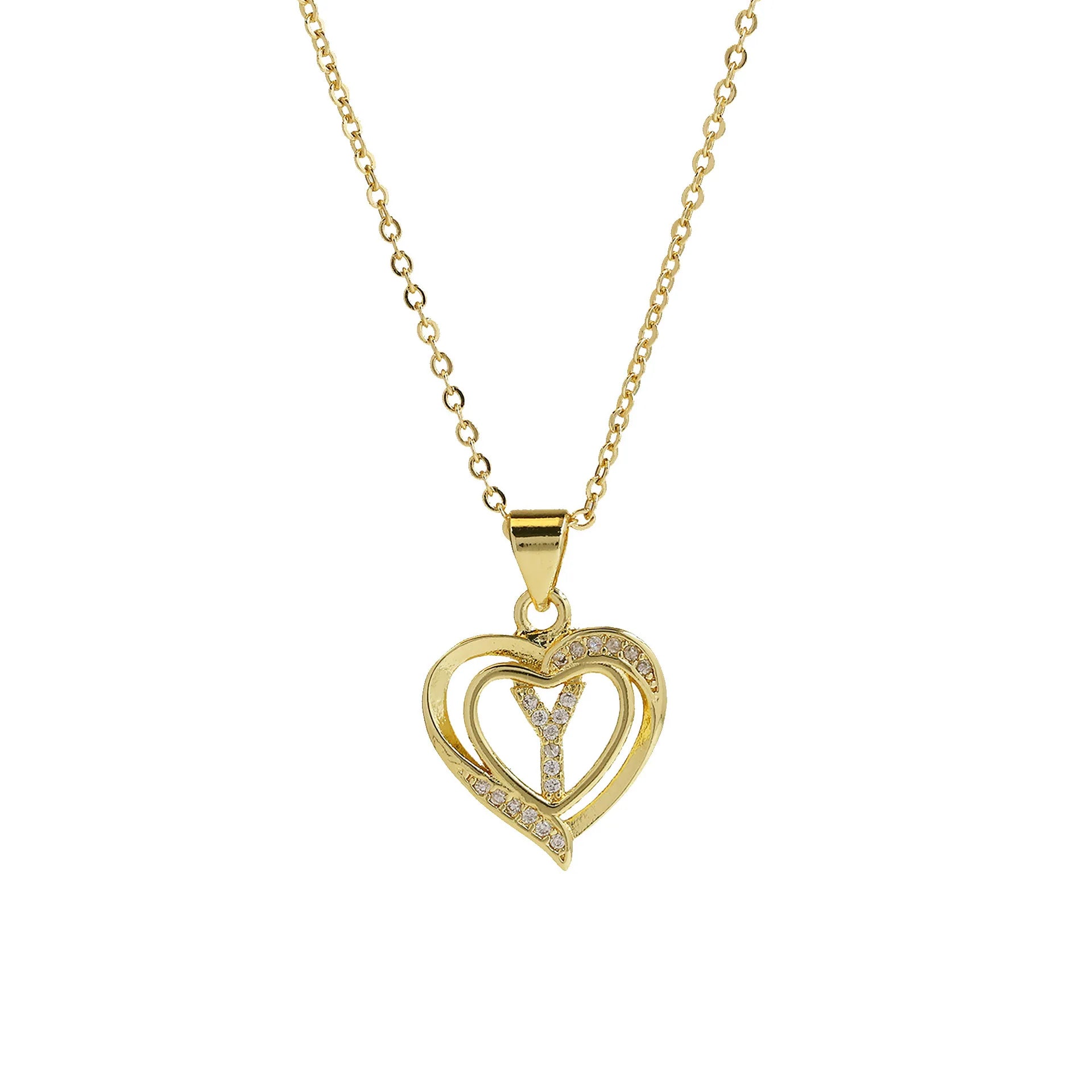 A-Z English Letter Initial Necklace Gold Color Plated Necklace Micro Setting Zircon Heart Necklace for Women