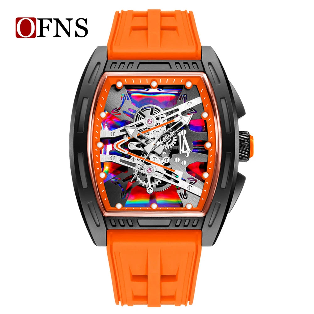 OFNS1209 Luxury Men Quartz Watch Silicone Strap Hollow Watches Mens Waterproof Sports Wristwatches Relogio Masculino