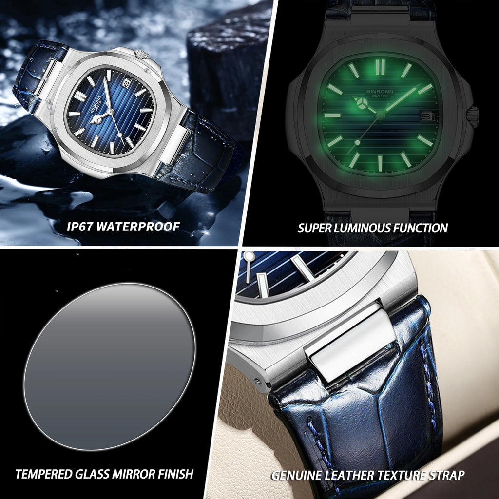 BINBOND precise quartz wristwatches for men luxury luminous waterproof auto date leather strap durabble men's watch casual reloj