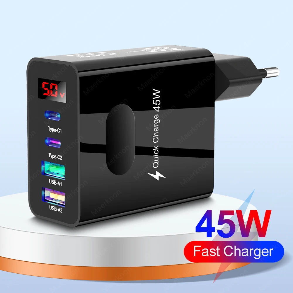 45W USB Charger 4 Ports Type C Fast Charging Digital Display Wall Charger For iPhone Samsung Xiaomi Huawei Phone Charger Adapter