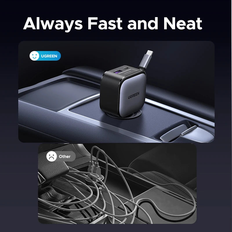 UGREEN 145W 90W 60W Car Charger 3 USB-C & 1 USB-A Ports PD QC4.0 Fast Charging with Retractable Cable for iPhone 17 Pro MacBook