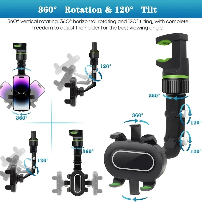 Rear View Mirror Car Phone Holder,360° Rotatable and Retractable mobile support, Fit All iPhone Android Mobile Phone & Most Car