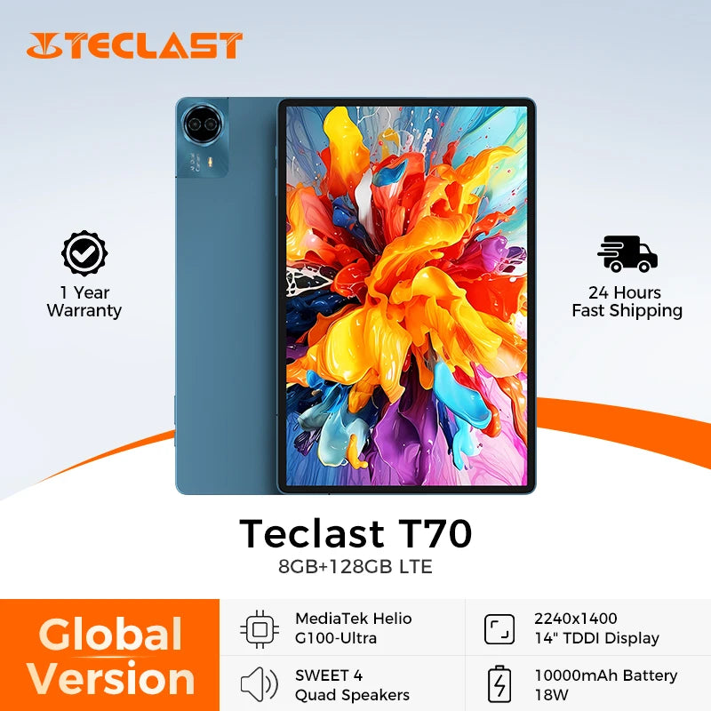 Teclast T70 14" 2.2K Display Android 15 Tablets MTK Helio G100 Max 20GB RAM 128GB ROM 10000mAh Battery 18W 4G LTE Global Version