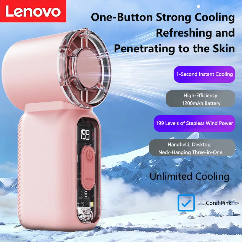 Lenovo Best Selling Summer Super Mini Rechargeable Handheld High Speed Fan Powerful Wind Ultra Quiet Digital Display Pocket Fan