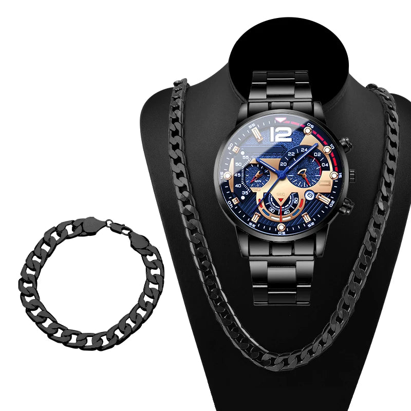 3PCS Fashion Men Business Watches Bracelet Necklace Set Luxury Steel Band Male's Analog Quartz Watch Reloj Hombre（Without Box）