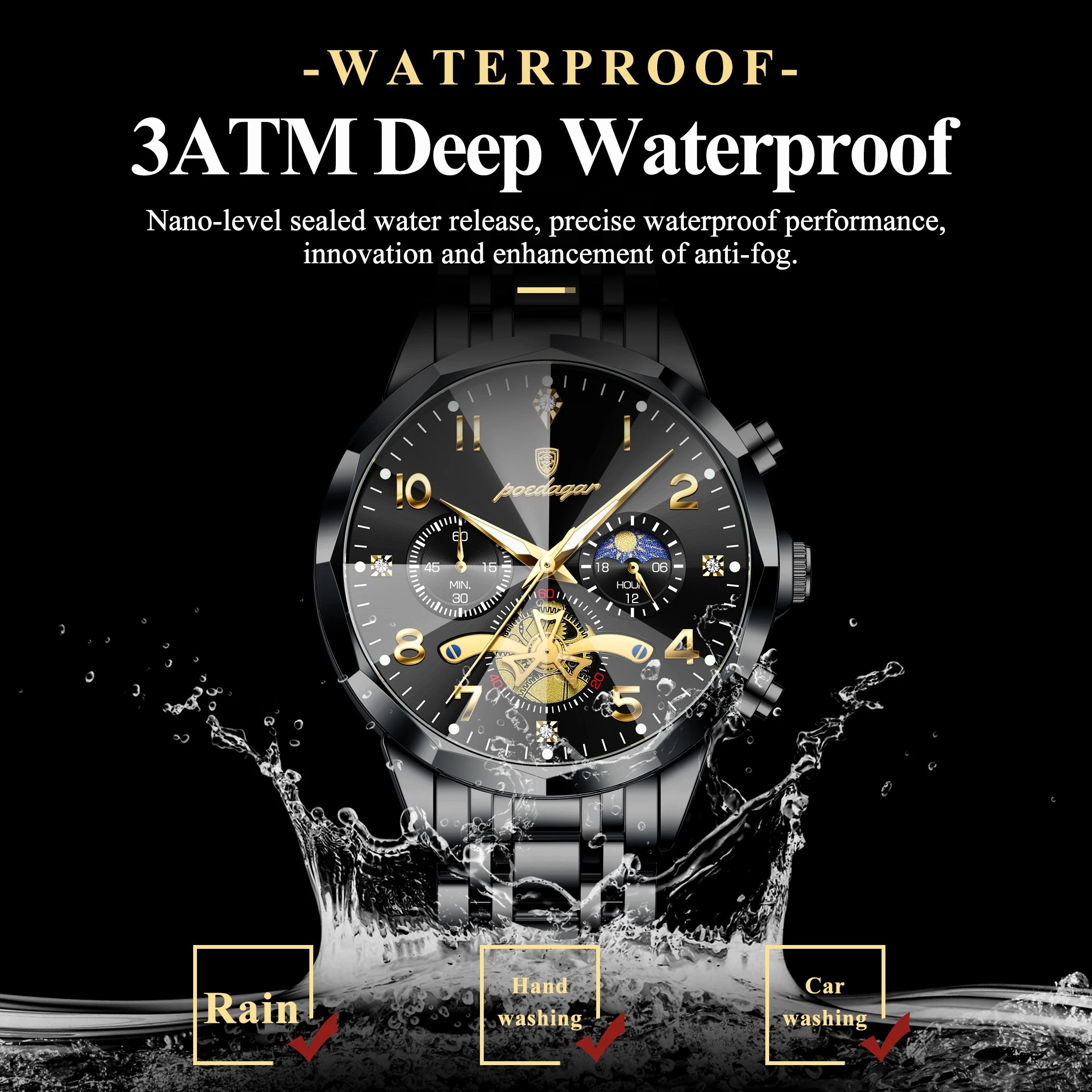 POEDAGAR Luxury High Quality Man Wristwatch Chronograph Stainless Steel Quartz Men's Watches Waterproof Luminous Men Clock Reloj