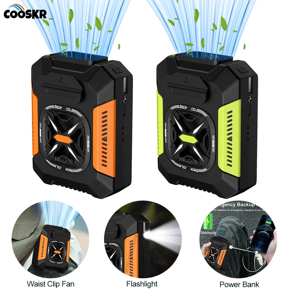 Portable Waist Clip Fan 5000mAh USB Rechargeable Fan Powerful Air Cooler Outdoor Camping Waist Fan with Power Bank LED Light