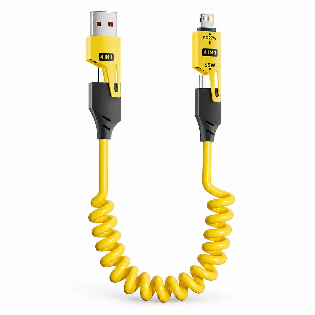 65W 4 in 1 Coiled USB C Car Fast Charging Cable, Type C iP Data Cable, Zinc Alloy Spring Cable for iPhone Samsung Xiaomi 1.5M